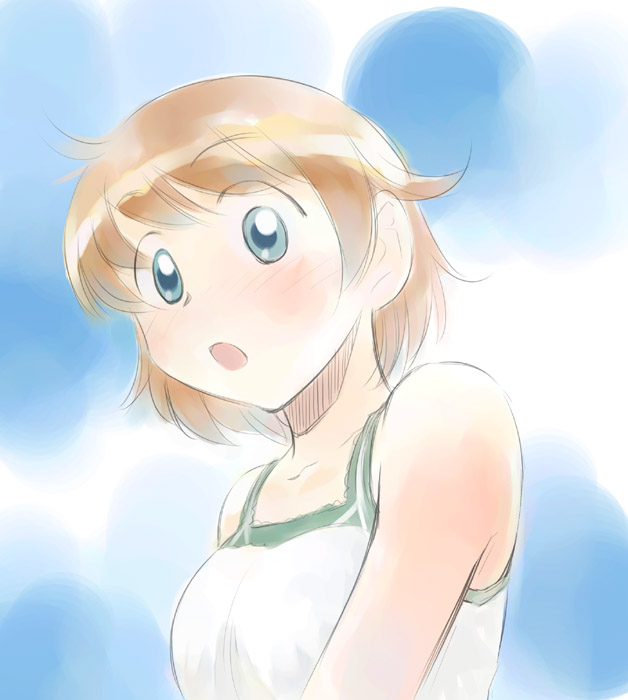 ikeda jun (mizutamari), original, 1girl, blue eyes, brown hair, camisole, female focus, short hair, simple background, solo