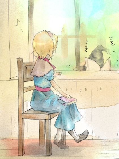 mugishima orie, alice margatroid, kirisame marisa, touhou, 2girls, blonde hair, book, cape, chair, female focus, fence, hairband, hat, hat ribbon, indoors, multiple girls, musical note, ribbon, shoes, short hair, short sleeves, sitting, white ribbon, window, witch hat
