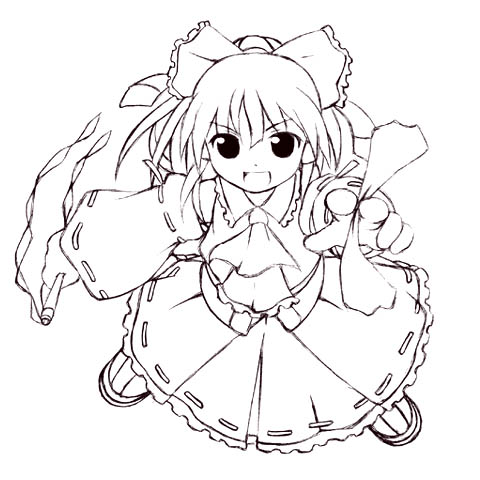 fukaiton, hakurei reimu, touhou, lowres, 1girl, female focus, greyscale, monochrome, solo