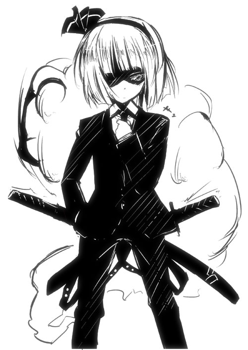 gotyou, konpaku youmu, konpaku youmu (ghost), touhou, 1girl, female focus, formal clothes, greyscale, hitodama, katana, monochrome, pant suit, pants, sheath, sheathed, solo, suit, sword, weapon
