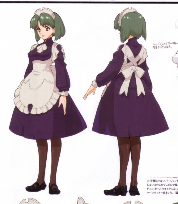 tomomi sasaki, lucille (wild arms 5), wild arms, wild arms 5, official art, scan, apron, bow, brown eyes, dress, green hair, hairband, maid, necktie, pantyhose, ribbon, shoes, short hair