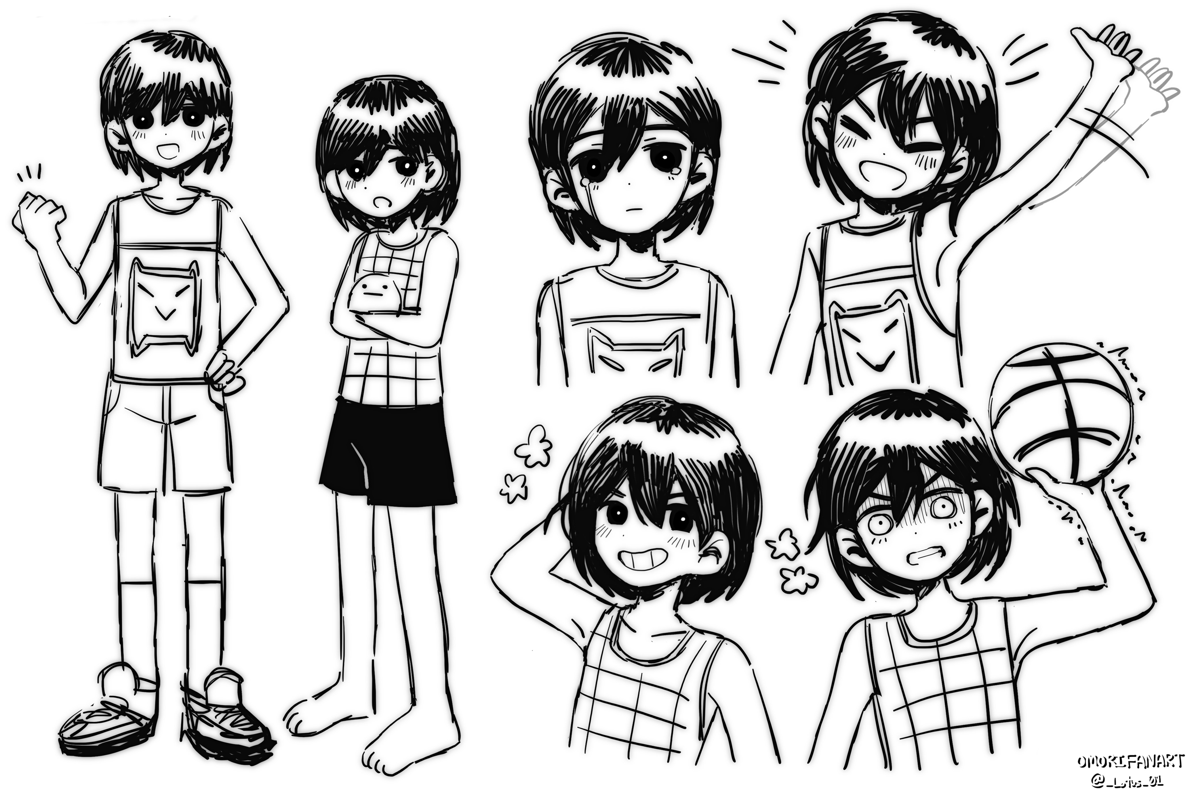 my loleeta, hector (omori), kel (faraway) (omori), kel (headspace) (omori), kel (omori), omori, absurdres, highres, 2boys, angry, arm up, ball, barefoot, blush, bright pupils, closed eyes, collarbone, crying, crying with eyes open, double-parted bangs, greyscale, grin, hair between eyes, holding, holding ball, looking at viewer, male focus, monochrome, multiple boys, open mouth, pet rock, shoes, short hair, simple background, sketch, smile, sneakers, socks, tears, teeth, twitter username