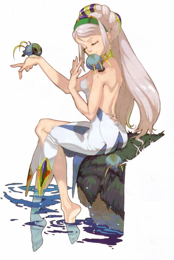 avril vent fleur, wild arms, wild arms 5, official art, artistic error, barefoot, bird, feet, fingernails, hairband, water