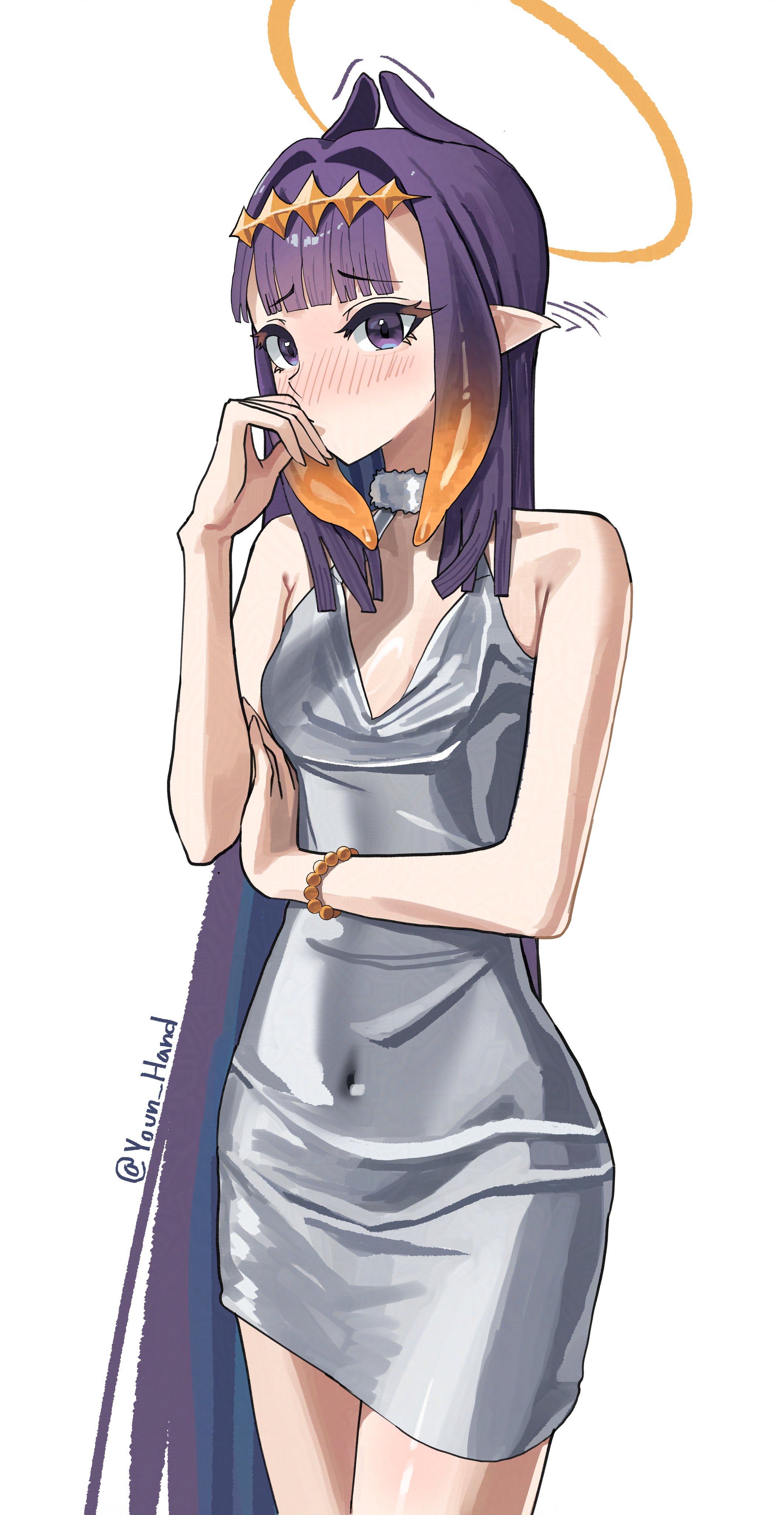 younhand, ninomae ina'nis, hololive, hololive english, absurdres, highres, 1girl, alternate costume, blush, breasts, covered navel, diamond hairband, dress, gradient hair, grey dress, hairband, halo, long hair, looking at viewer, multicolored hair, orange hair, orange hairband, orange halo, pointy ears, purple eyes, purple hair, simple background, small breasts, solo, tentacle hair, very long hair, virtual youtuber, white background