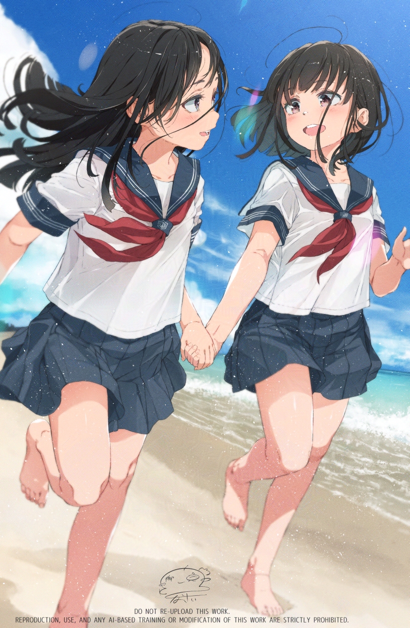 gomennasai, original, commentary request, highres, 2girls, :d, barefoot, beach, black hair, black sailor collar, black skirt, blue sky, blush, breasts, brown eyes, cloud, day, eye contact, floating hair, holding hands, horizon, long hair, looking at another, looking to the side, multiple girls, neckerchief, ocean, open mouth, outdoors, pleated skirt, red neckerchief, running, sailor collar, sand, school uniform, serafuku, shirt, short sleeves, skirt, sky, small breasts, smile, teeth, upper teeth only, water, white shirt