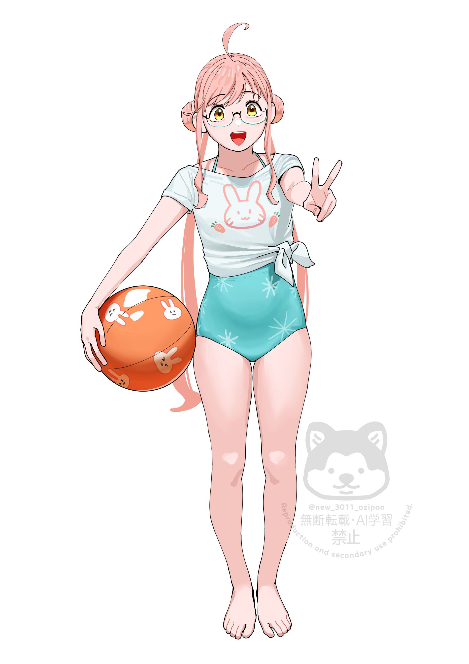 ojipon, makigumo (kancolle), makigumo (swimsuit) (kancolle), kantai collection, absurdres, highres, 1girl, ahoge, aqua-framed eyewear, aqua one-piece swimsuit, ball, beachball, blue-framed eyewear, breasts, casual one-piece swimsuit, double bun, full body, glasses, hair bun, long hair, looking at viewer, one-piece swimsuit, open mouth, pink hair, shirt, small breasts, smile, solo, swimsuit, swimsuit under clothes, tied shirt, twintails, v, watermark, white background, white shirt, yellow eyes