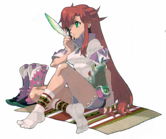 tomomi sasaki, rebecca streisand, wild arms, wild arms 5, official art, scan, ahoge, bag, boots, breasts, feathers, frown, green eyes, handbag, heart, long hair, payot, red hair, shirt, shorts, sitting, socks, solo, wink