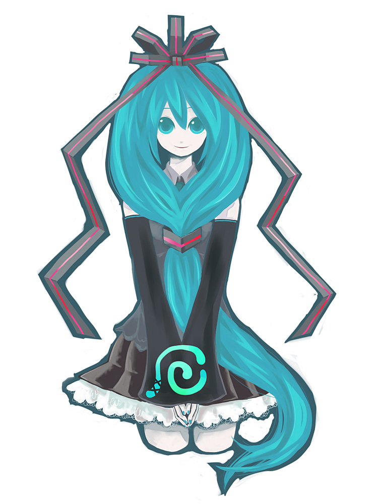 kintaro, hatsune miku, kagiyama hina, touhou, vocaloid, 1girl, aqua eyes, aqua hair, cosplay, cowboy shot, cropped legs, detached sleeves, female focus, front ponytail, fusion, green eyes, green hair, hair ribbon, hatsune miku (cosplay), kagiyama hina (cosplay), long hair, matching hair/eyes, ribbon, solo, v arms, very long hair