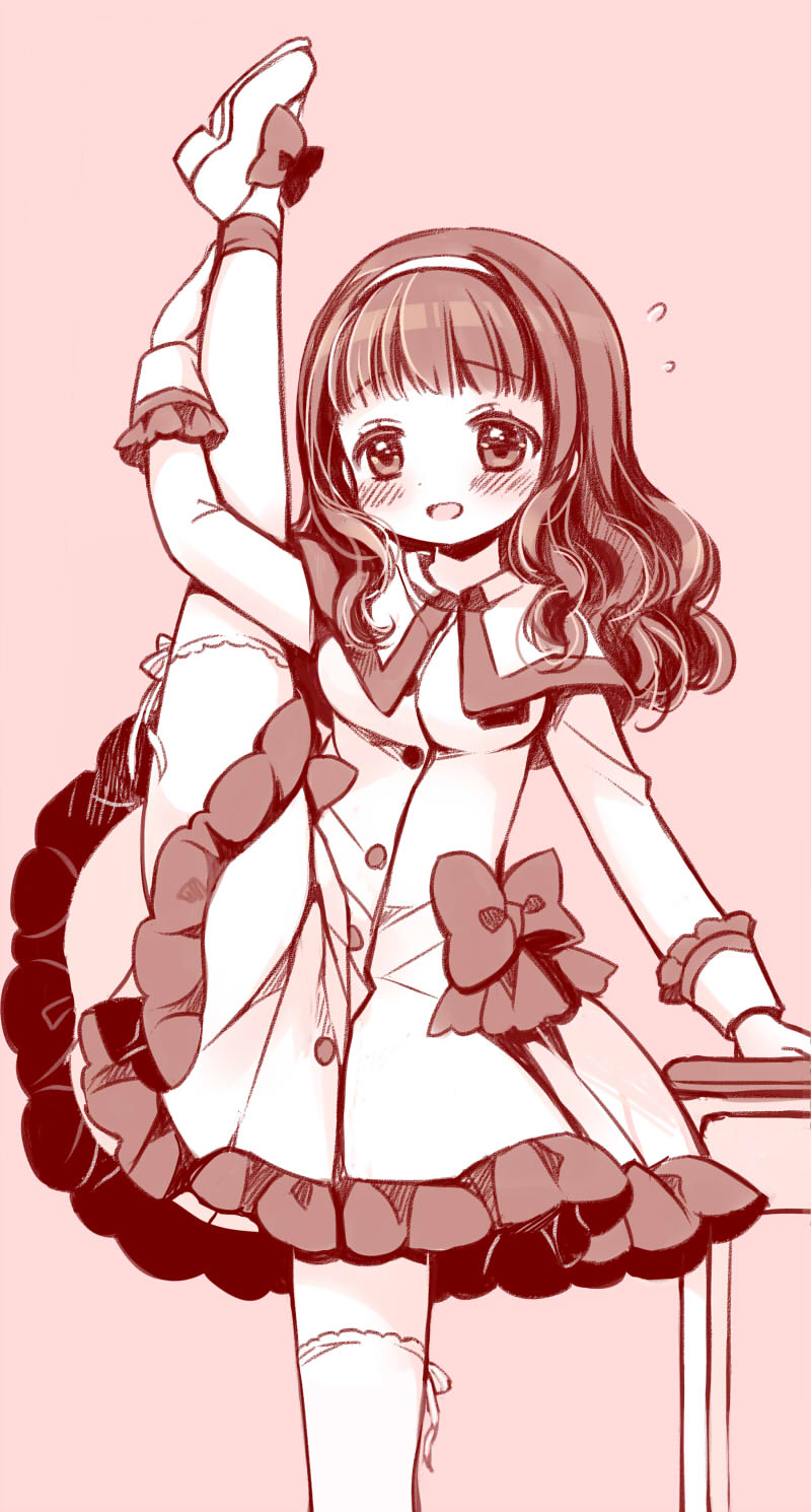 sakurazawa izumi, kusunoki midori, higanbana no saku yoru ni, commentary request, highres, 1girl, :d, blush, boots, breasts, brown background, brown boots, brown eyes, brown hair, capelet, desk, dress, flying sweatdrops, frilled dress, frills, leg up, long hair, long sleeves, medium breasts, open mouth, school desk, simple background, smile, solo, split, standing, standing on one leg, standing split, thighhighs, white capelet, white dress
