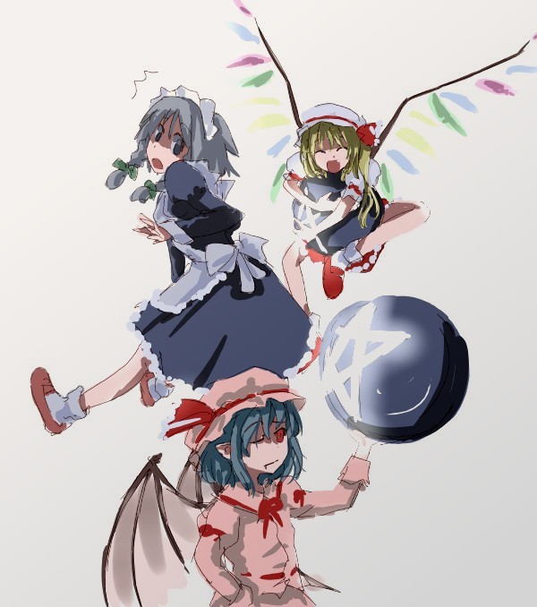 flandre scarlet, izayoi sakuya, remilia scarlet, touhou, red footwear, white legwear, 3girls, apron, bat wings, blonde hair, blue hair, braid, closed eyes, female focus, frilled skirt, frills, green ribbon, grey hair, hair ribbon, hat, hat ribbon, long sleeves, maid headdress, mob cap, multiple girls, one eye closed, open mouth, puffy short sleeves, puffy sleeves, red eyes, red ribbon, ribbon, shoes, short hair, short sleeves, skirt, smile, socks, tress ribbon, twin braids, wings