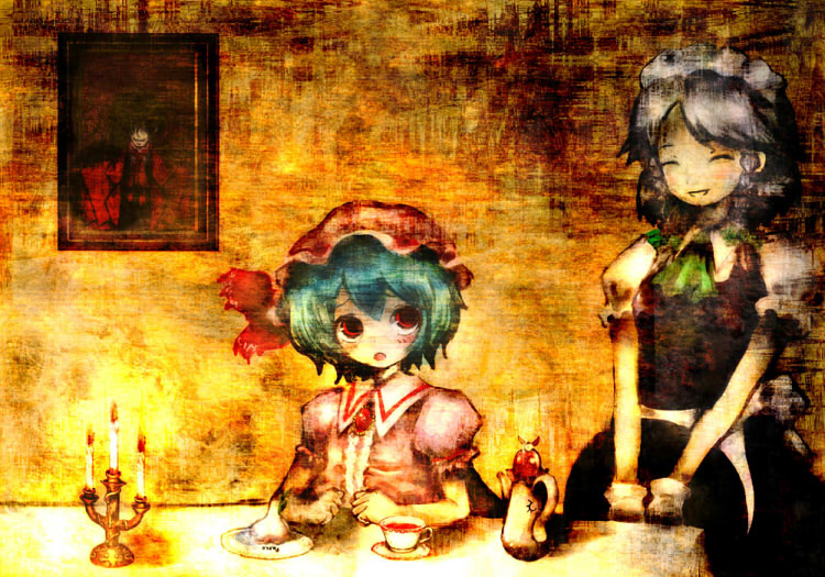 alucard (hellsing), izayoi sakuya, mystia lorelei, remilia scarlet, hellsing, touhou, ^o^, 2girls, :o, ^ ^, blue dress, blush, bow, bowtie, candle, candlestand, closed eyes, crossover, cup, dress, green bow, green bowtie, indoors, looking at another, looking to the side, maid, maid headdress, multiple girls, own hands together, photo (object), puffy short sleeves, puffy sleeves, short sleeves, table, teacup, teapot, v arms, vampire, wax
