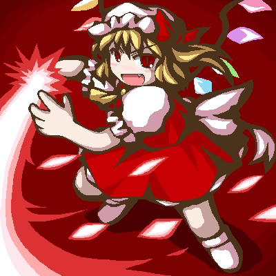 fukaiton, flandre scarlet, touhou, lowres, 1girl, ascot, blonde hair, fang, female focus, full body, hat, hat ribbon, mob cap, open mouth, puffy short sleeves, puffy sleeves, red background, red eyes, red ribbon, red skirt, ribbon, shoes, short sleeves, side ponytail, skirt, solo, wings