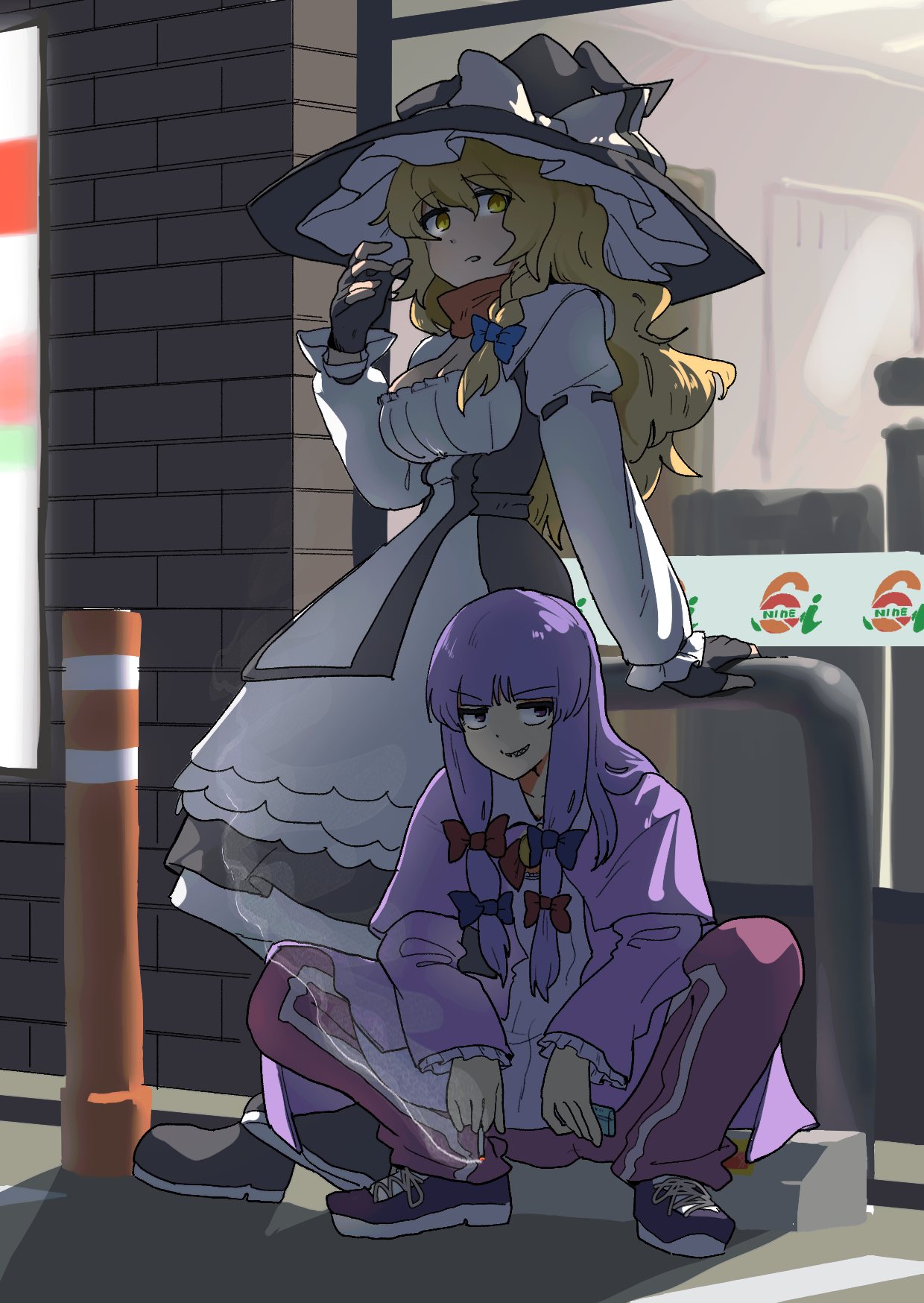 leftame, kirisame marisa, mars (cookie), patchouli knowledge, taisa (cookie), 7-eleven, cookie (touhou), touhou, highres, 2girls, black dress, blonde hair, blue bow, bow, cigarette, dress, hat, holding, holding cigarette, looking at viewer, looking to the side, multiple girls, pants, pink pants, purple eyes, purple hair, red bow, sharp teeth, squatting, teeth, witch hat, yellow eyes