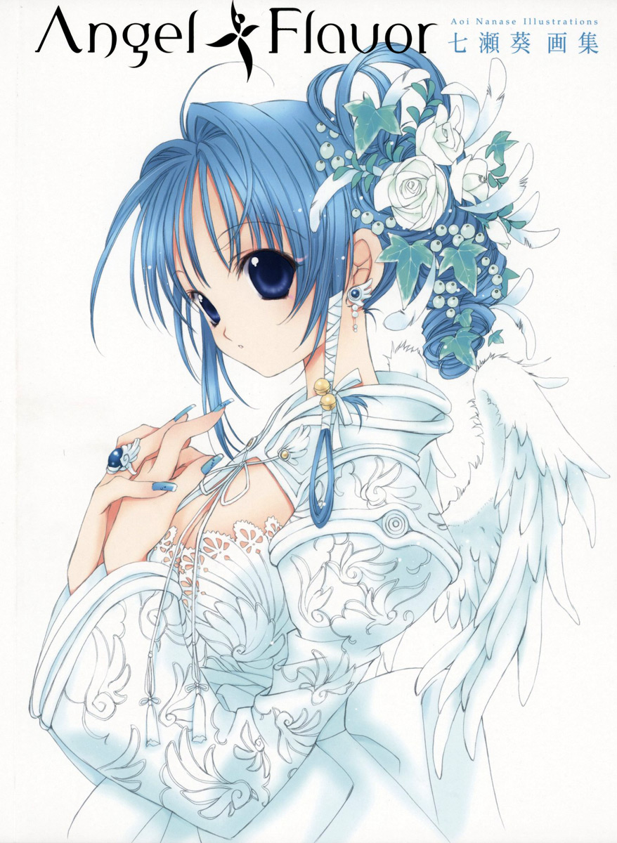 nanase aoi, angel flavor, artbook, highres, bell, blue eyes, blue hair, earrings, english text, hair ornament, hair rings, jewelry, solo, white background, wing earrings, wings
