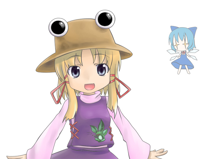 kusaba, kusaba (kusabashiki), cirno, moriya suwako, touhou, 2girls, chibi, female focus, hat, multiple girls, simple background, wings