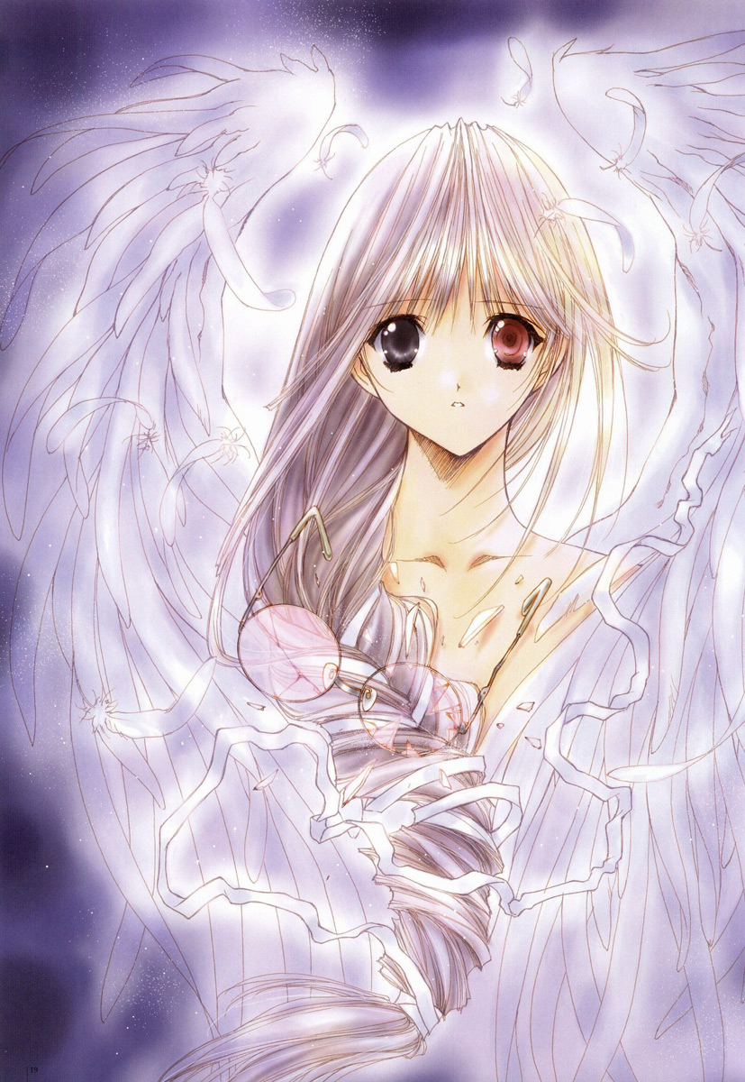 nanase aoi, angel dust, hatori yuina, angel/dust, angel flavor, silver hair, highres, official art, 1girl, angel wings, bare shoulders, braid, broken glass, female focus, glass, glasses, heterochromia, long hair, ribbon, single braid, solo, wings, yuina hatori