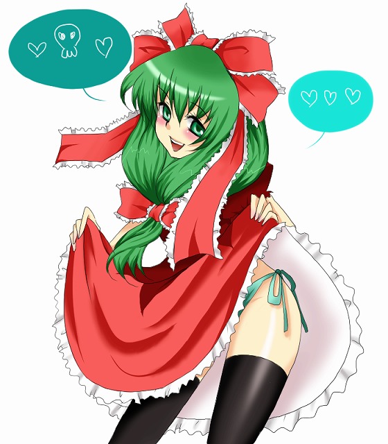 kagiyama hina, touhou, artist request, 1girl, clothes lift, dress, dress lift, female focus, front ponytail, panties, side-tie panties, solo, thighhighs, underwear