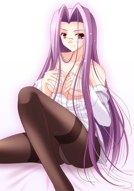 narutaki shin, medusa (fate), medusa (rider) (fate), fate/stay night, fate (series), 00s, 1girl, bare shoulders, breasts, covering breasts, covering privates, female focus, glasses, long hair, panties, panties under pantyhose, pantyhose, purple hair, solo, thighband pantyhose, underwear, undressing