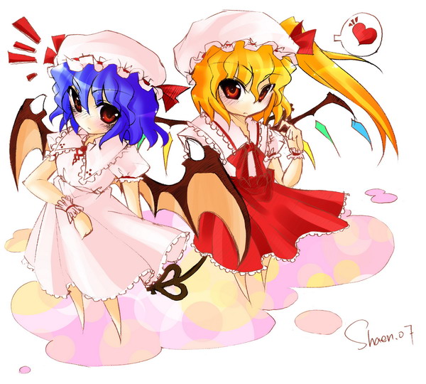 flandre scarlet, remilia scarlet, touhou, 2girls, blonde hair, blouse, blue hair, dress, female focus, full body, hat, heart, mob cap, multiple girls, shirt, siblings, simple background, sisters, spoken heart, standing, white background, white shirt, wings