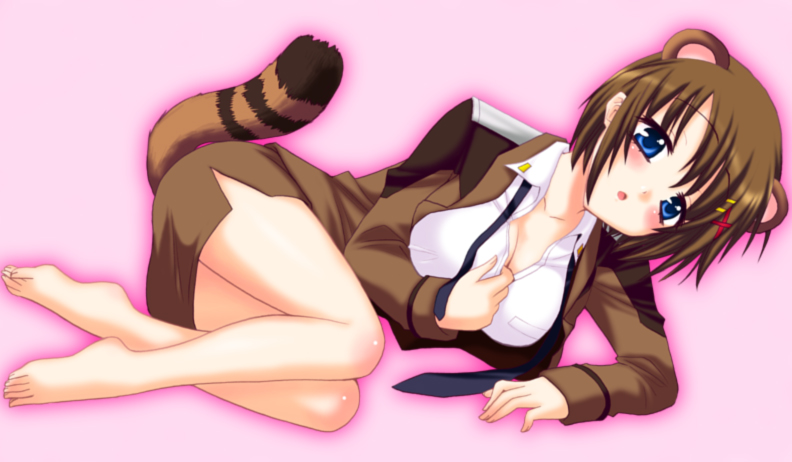 saki chisuzu, yagami hayate, lyrical nanoha, mahou shoujo lyrical nanoha, mahou shoujo lyrical nanoha strikers, 00s, 1girl, :o, animal ears, arm support, barefoot, blush, breasts, cleavage, feet, female focus, hair ornament, hairclip, large breasts, military, military uniform, necktie, open clothes, open shirt, shiny skin, shirt, solo, tail, undressing, x hair ornament