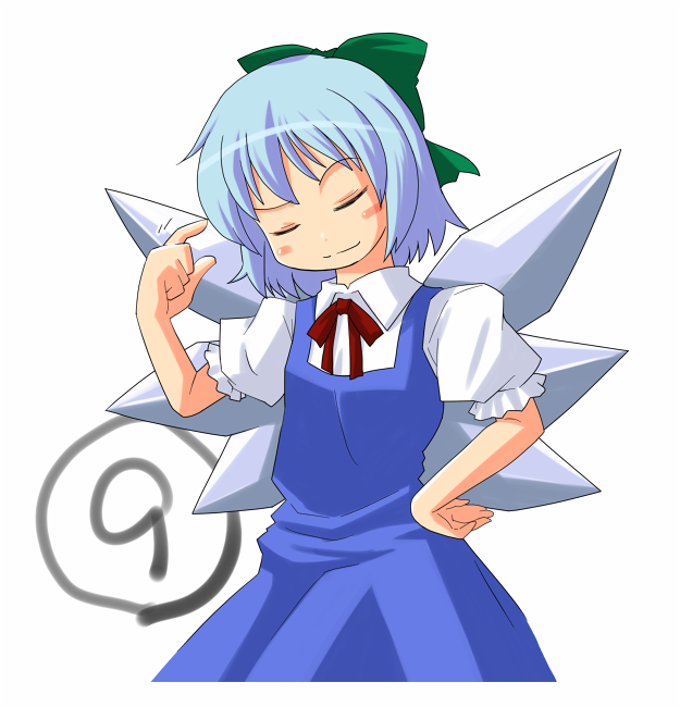 akase rai, cirno, phantasmagoria of flower view, touhou, 1girl, circled 9, closed eyes, dress, female focus, hand on own hip, solo, white background, wings
