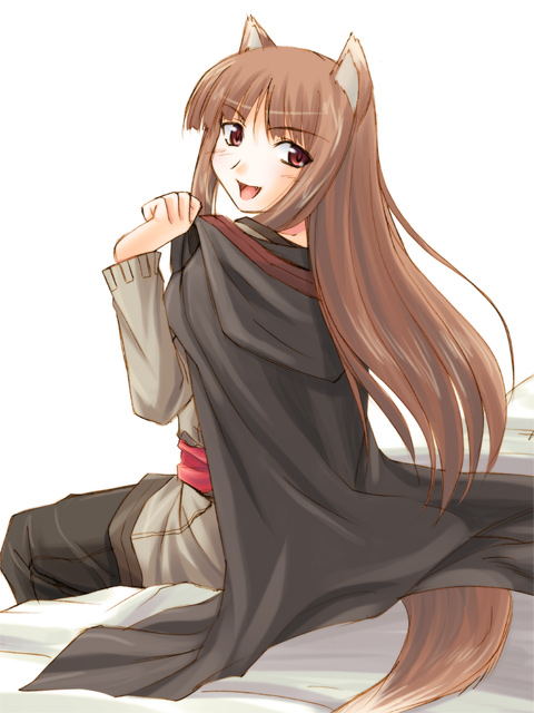 kariga, holo, spice and wolf, 00s, animal ears, solo, tail, wolf ears, wolf tail