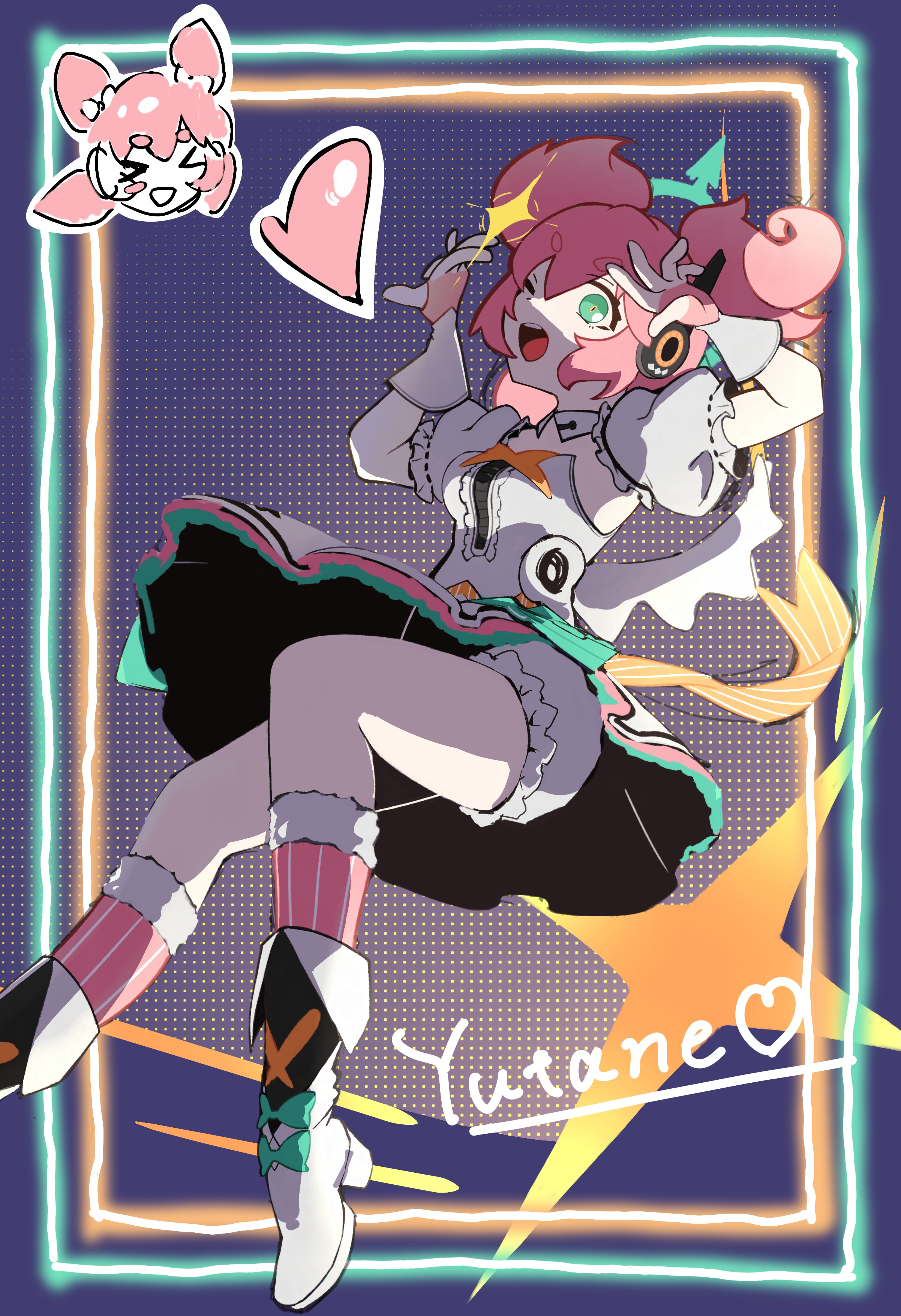yutane johiel, zenless zone zero, absurdres, highres, 1girl, ;d, aqua eyes, bloomers, breasts, character name, colored skin, doodle inset, fie rlll, gloves, heart, high heels, idol, idol clothes, looking at viewer, one eye closed, open mouth, pink hair, puffy short sleeves, puffy sleeves, quad tails, short sleeves, small breasts, smile, solo, sparkle, underwear, upskirt, white bloomers, white skin