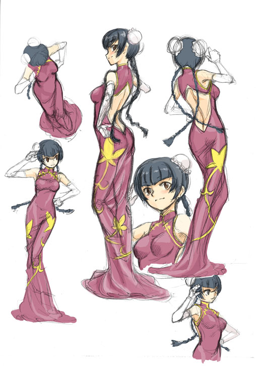 satou atsuki, wang liu mei, gundam, gundam 00, 00s, 1girl, :d, backless outfit, black hair, blunt bangs, blush, brown eyes, bun cover, butt crack, china dress, chinese clothes, double bun, dress, elbow gloves, full body, gloves, grin, hair bun, long hair, looking at viewer, multiple views, open mouth, red dress, simple background, skin tight, smile, teeth, upper body, very long hair, white background, white gloves