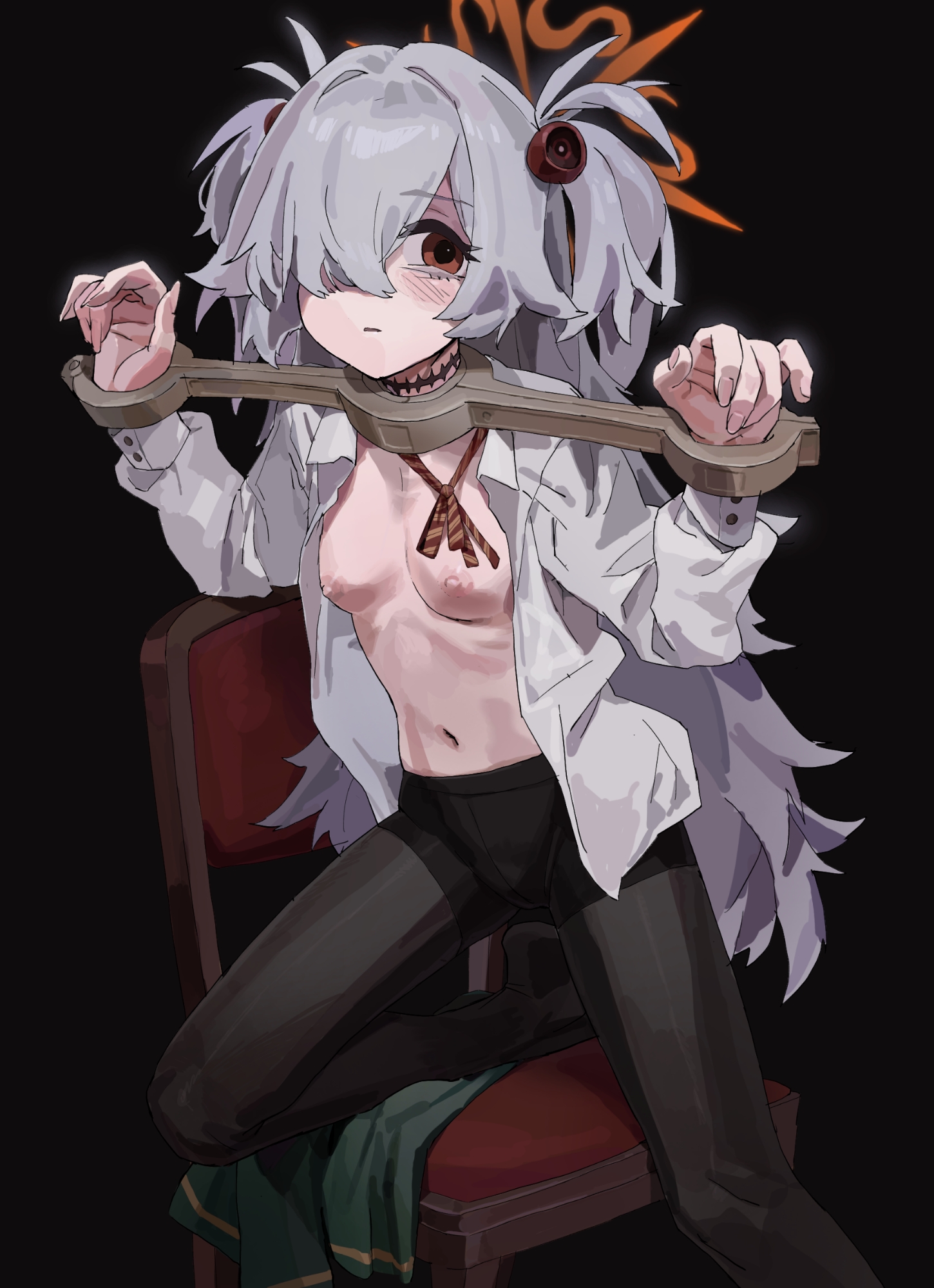 a tea, kanoe (blue archive), blue archive, highres, 1girl, black background, black pantyhose, blush, bow, bowtie, breasts, brown eyes, chair, collared shirt, grey hair, hair over one eye, halo, long hair, looking to the side, navel, nipples, on chair, pantyhose, pillory, red bow, red bowtie, restrained, shirt, skinde, small breasts, solo, stomach, twintails, unbuttoned, unbuttoned shirt, very long hair, white shirt