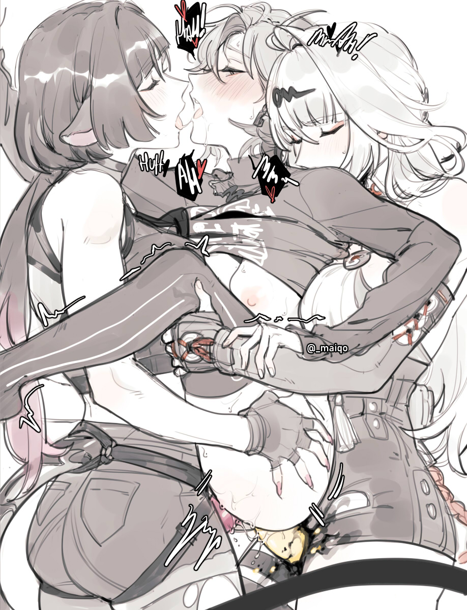 maiqo, belle (zenless zone zero), jane doe (zenless zone zero), yixuan (zenless zone zero), zenless zone zero, highres, 3girls, after kiss, ahoge, animal ears, blush, breasts, carrying, carrying person, cleavage, closed eyes, dildo, fingerless gloves, gloves, grey hair, hair between eyes, hair ornament, high-waist shorts, hug, hug from behind, large breasts, long hair, long sleeves, mouse ears, mouse girl, mouse tail, multiple girls, nipples, object insertion, pantyhose, pussy juice, saliva, saliva trail, sex toy, short hair, shorts, sound effects, strap-on, tail, torn clothes, torn pantyhose, trembling, vaginal, vaginal object insertion, very long hair, yuri