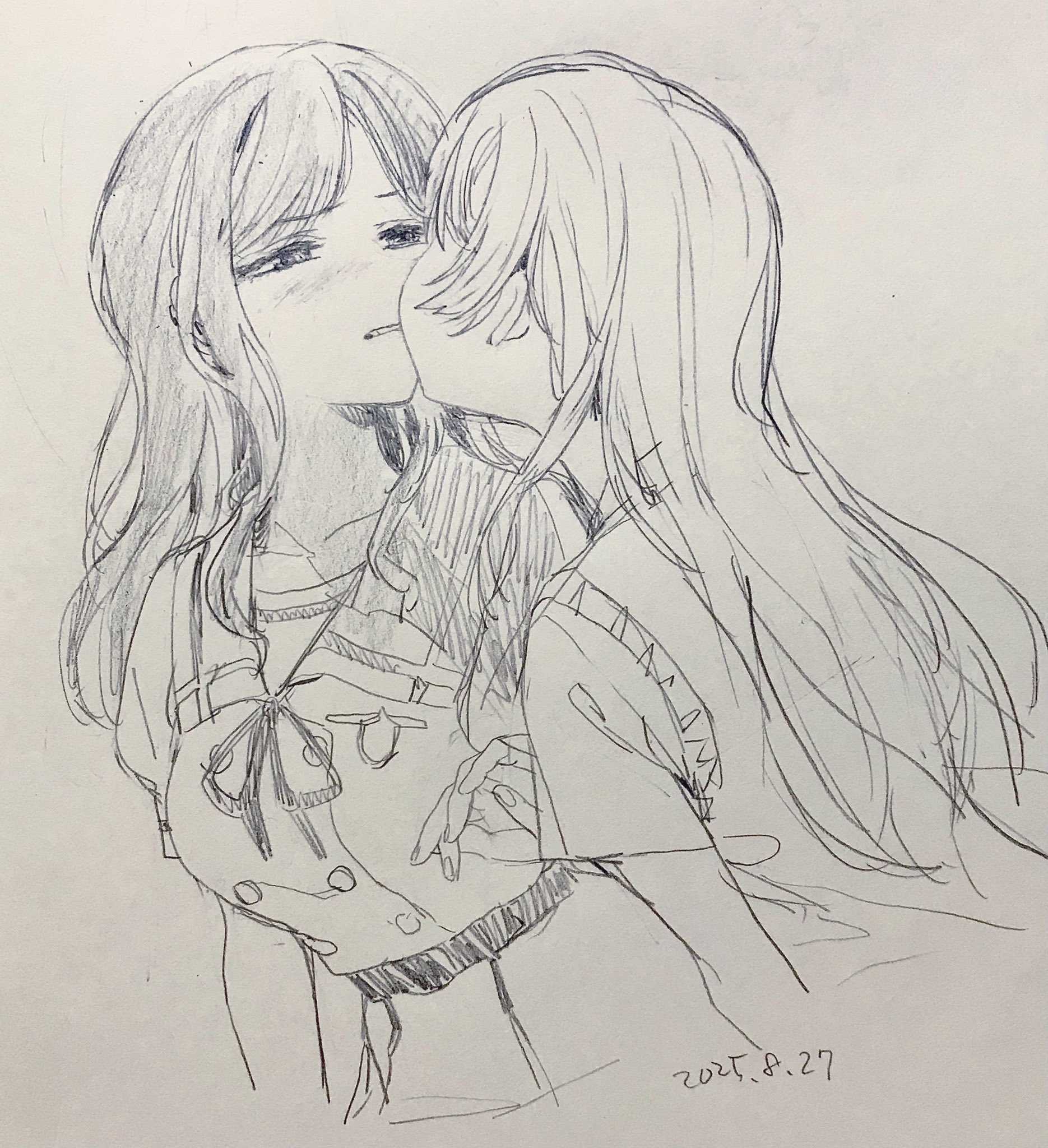 chihaya anon, nagasaki soyo, bang dream!, bang dream! it's mygo!!!!!, highres, traditional media, 2girls, blush, greyscale, haneoka school uniform, kiss, km6 aq, long hair, looking at another, monochrome, multiple girls, parted lips, school uniform, short sleeves, sweater vest, tsukinomori school uniform, yuri