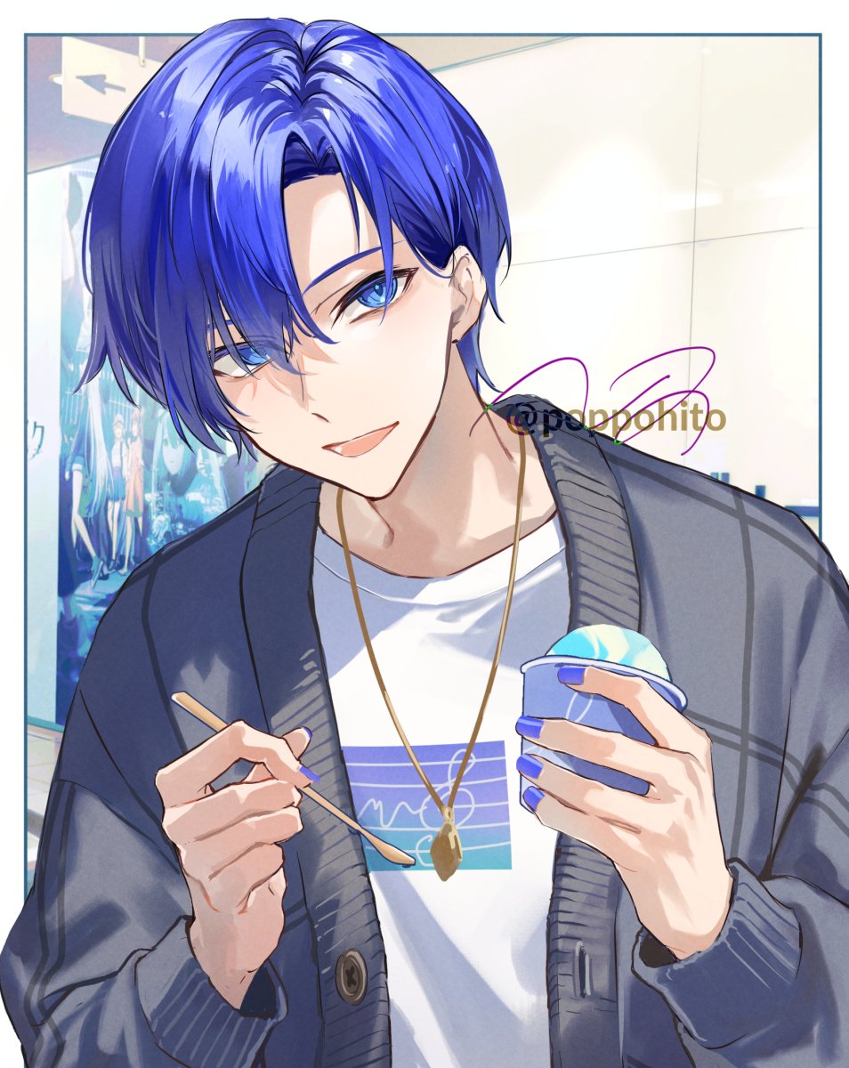 poppoman, kaito (vocaloid), project sekai, vocaloid, commentary request, highres, 1boy, arrow (symbol), blue eyes, blue nails, border, buttons, cardigan, cup, disposable cup, fingernails, food, grey cardigan, holding, holding food, holding ice cream, holding spoon, ice cream, jewelry, long sleeves, looking at viewer, male focus, nail polish, necklace, official alternate costume, official alternate hairstyle, open mouth, outside border, parted hair, poster (object), shirt, short hair, signature, solo, spoon, twitter username, upper body, white border, white shirt