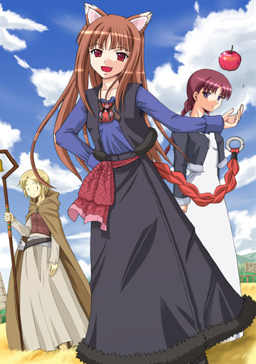 hidaka toworu, chloe (spice and wolf), holo, nora arento, spice and wolf, 00s, animal ears, apple, food, fruit, shepherd, shepherd's crook, staff, wolf ears