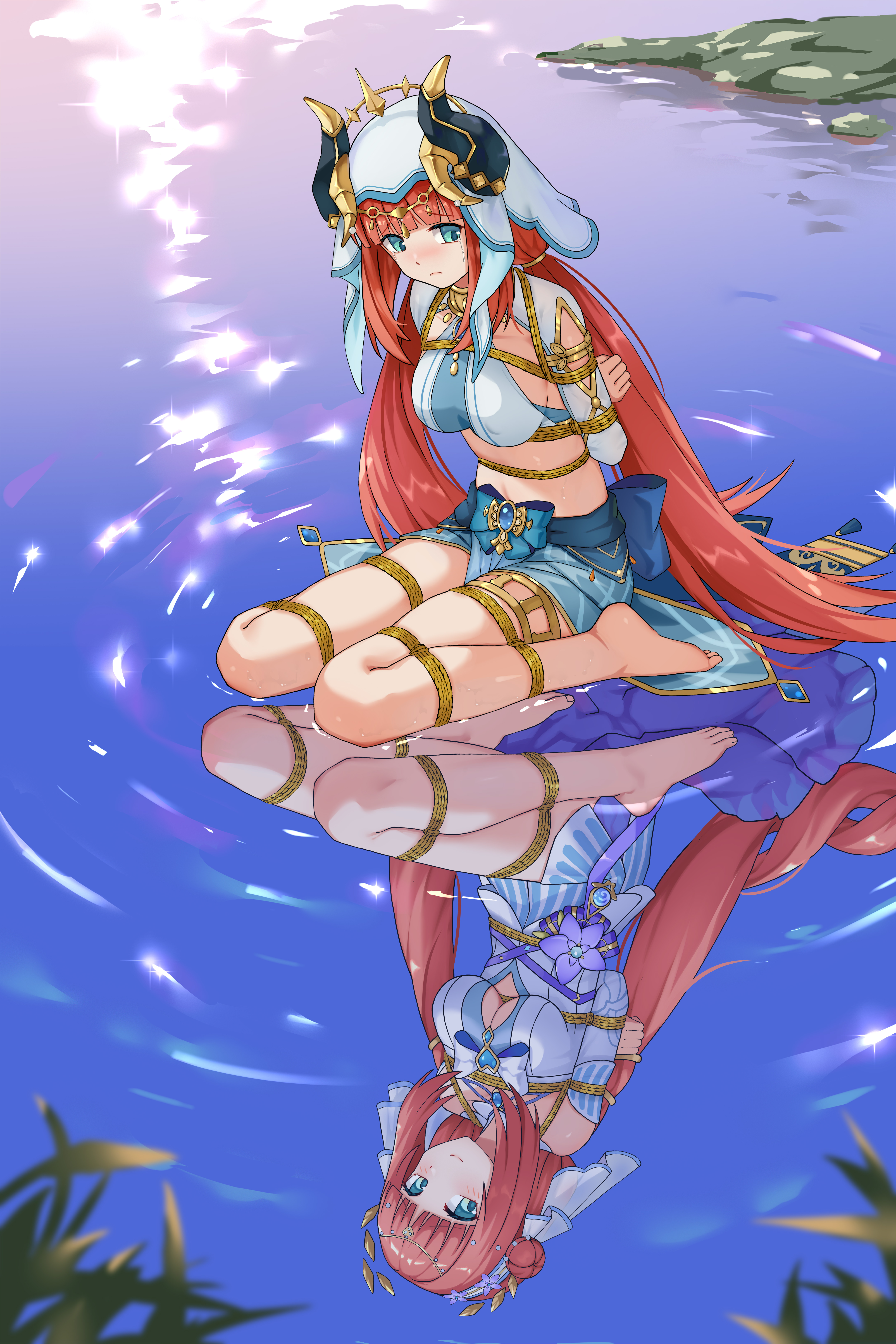 haimei1980, nilou (breeze of sabaa) (genshin impact), nilou (genshin impact), genshin impact, absurdres, commentary request, commission, highres, pixiv commission, 1girl, arms behind back, barefoot, bdsm, blunt bangs, blush, bondage, bound, breasts, frogtie, harem outfit, long hair, medium breasts, red hair, reflection, shibari, sitting, smile, tears, wariza