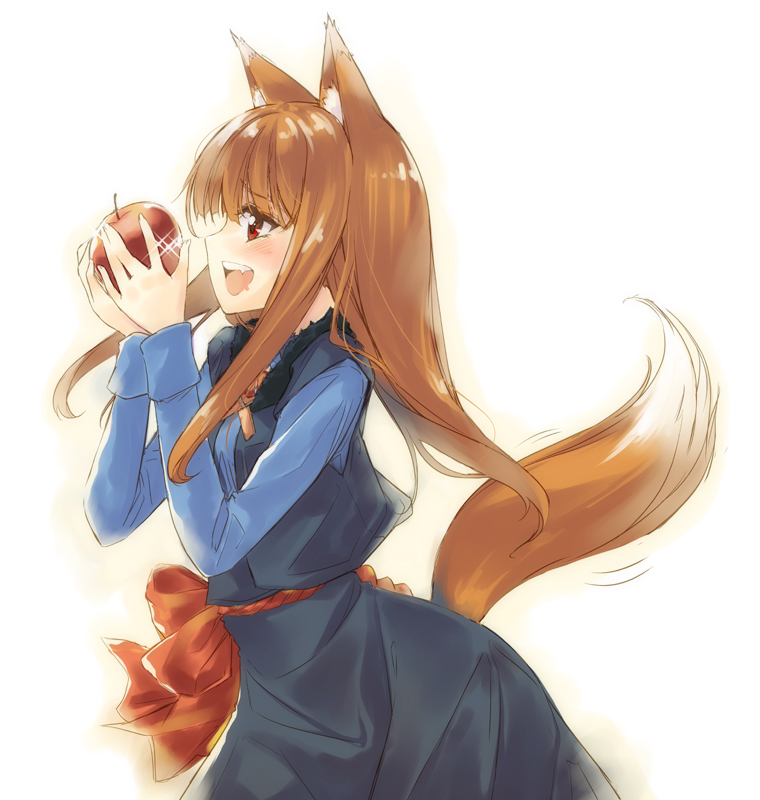 kawakami shuuichi, shu (artist), holo, spice and wolf, 00s, 1girl, animal ear fluff, animal ears, apple, blouse, blue shirt, drooling, female focus, food, from side, fruit, holding, holding food, holding fruit, mouth drool, shirt, simple background, solo, tail, wolf ears, wolf tail