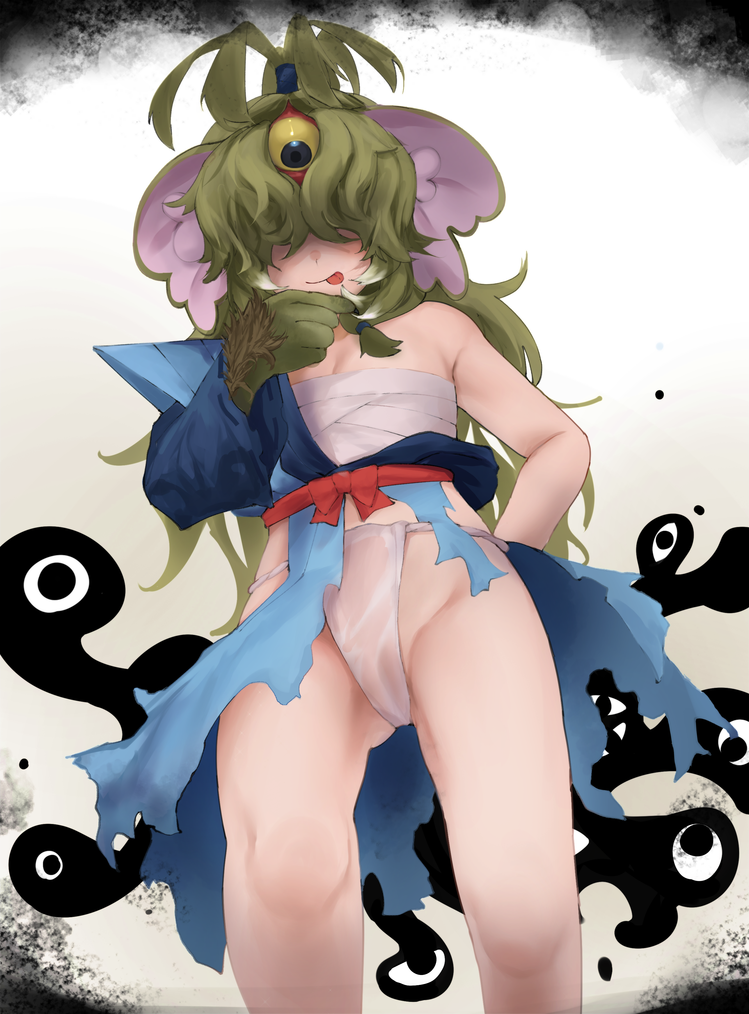 takara (takara0508), sanmoto gorozaemon (kemono friends), kemono friends, kemono friends 3, absurdres, commentary request, highres, 1girl, :p, black eyes, blue kimono, breasts, chest sarashi, cleavage, closed mouth, colored sclera, cowboy shot, fundoshi, green hair, hadanugi dousa, hair over eyes, japanese clothes, kimono, long bangs, long hair, looking at viewer, medium breasts, monster girl, open kimono, sarashi, simple background, smile, solo, third eye, tongue, tongue out, torn clothes, torn kimono, white background, yellow sclera