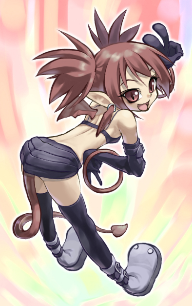 you2, etna (disgaea), disgaea, makai senki disgaea, 00s, 1girl, :d, ankle boots, armor, armored boots, ass, bare shoulders, black gloves, black thighhighs, boots, brown eyes, brown hair, cat tail, female focus, from behind, gloves, open mouth, pointy ears, smile, solo, spiked hair, tail, thighhighs, v