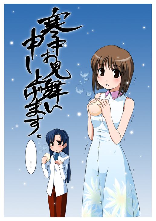 kosugi koutarou, hagiwara yukiho, kisaragi chihaya, idolmaster, idolmaster (classic), idolmaster 1, 00s, 2girls, bare shoulders, blue hair, blush, border, brown eyes, brown hair, buttons, dress, jacket, long hair, long sleeves, looking at viewer, multiple girls, own hands together, pants, sleeveless, sleeveless dress, snow, snowing, speech bubble, talking, text focus, very long hair, white jacket