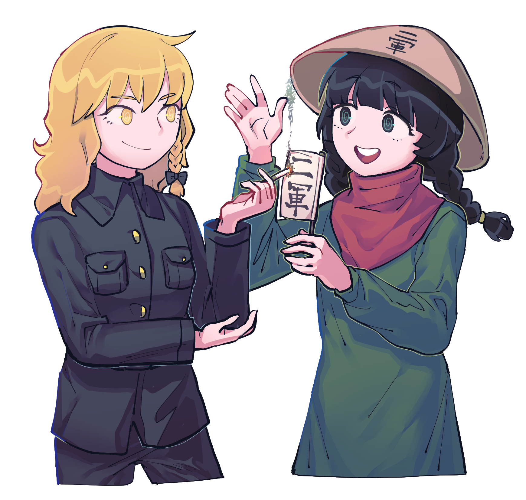 hita (hizokuseikogeki), green tea (cookie), kirisame marisa, yatadera narumi, cookie (touhou), touhou, highres, 2girls, black bow, black hair, black pants, black shirt, blonde hair, bow, braid, cigarette, closed mouth, cowboy shot, cropped legs, dress, green dress, green eyes, hair bow, hat, holding, holding cigarette, long hair, looking at another, mikami makoto, multiple girls, open mouth, pants, red scarf, rice hat, scarf, shirt, side braid, simple background, single braid, smile, smoke, twin braids, white background, yellow eyes