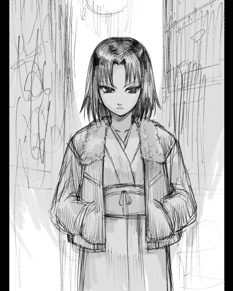 tetsu (kimuchi), ryougi shiki, kara no kyoukai, 1girl, female focus, fur trim, greyscale, jacket, japanese clothes, kimono, monochrome, pillarboxed, sketch, solo