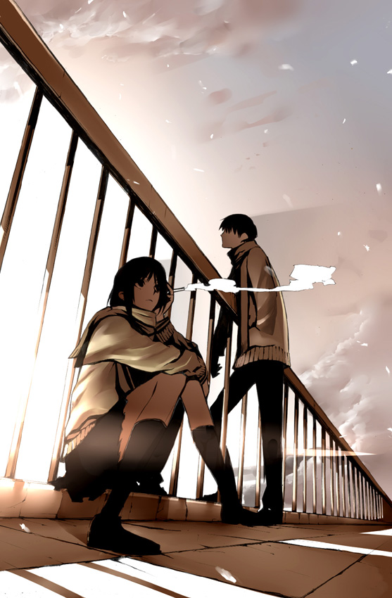 onigunsou, original, black legwear, 1boy, 1girl, black hair, cigarette, cloud, cloudy sky, cold, hand in pocket, head rest, knees together feet apart, long hair, pants, pleated skirt, railing, rooftop, scarf, school uniform, serafuku, shoes, short hair, sitting, skirt, sky, smoke, smoking, snow, snowing, socks, standing, sunlight, sweater