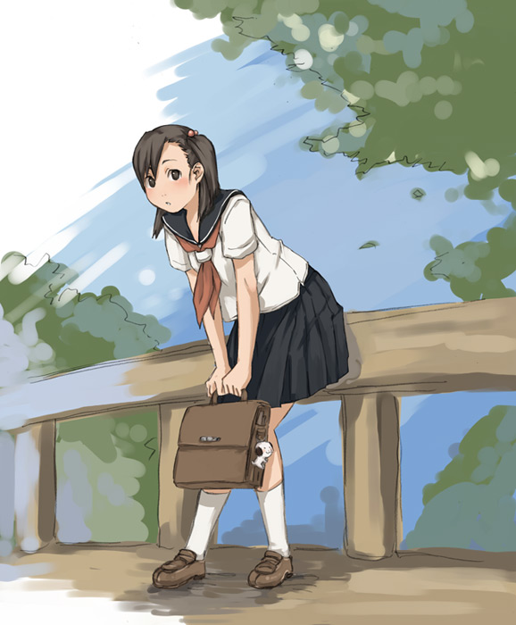 tamaru tokihiko, original, 1girl, ascot, bag, black eyes, black hair, black skirt, blouse, blush, briefcase, brown shoes, charm (object), chestnut mouth, day, dog, female focus, fence, full body, hair bobbles, hair ornament, holding, holding bag, kneehighs, knees together feet apart, leaning forward, looking at viewer, one side up, outdoors, pleated skirt, red ribbon, ribbon, school bag, school uniform, serafuku, shirt, shoes, short sleeves, skirt, sky, socks, solo, standing, stuffed animal, stuffed toy, swept bangs, tree, v arms, white shirt, white socks