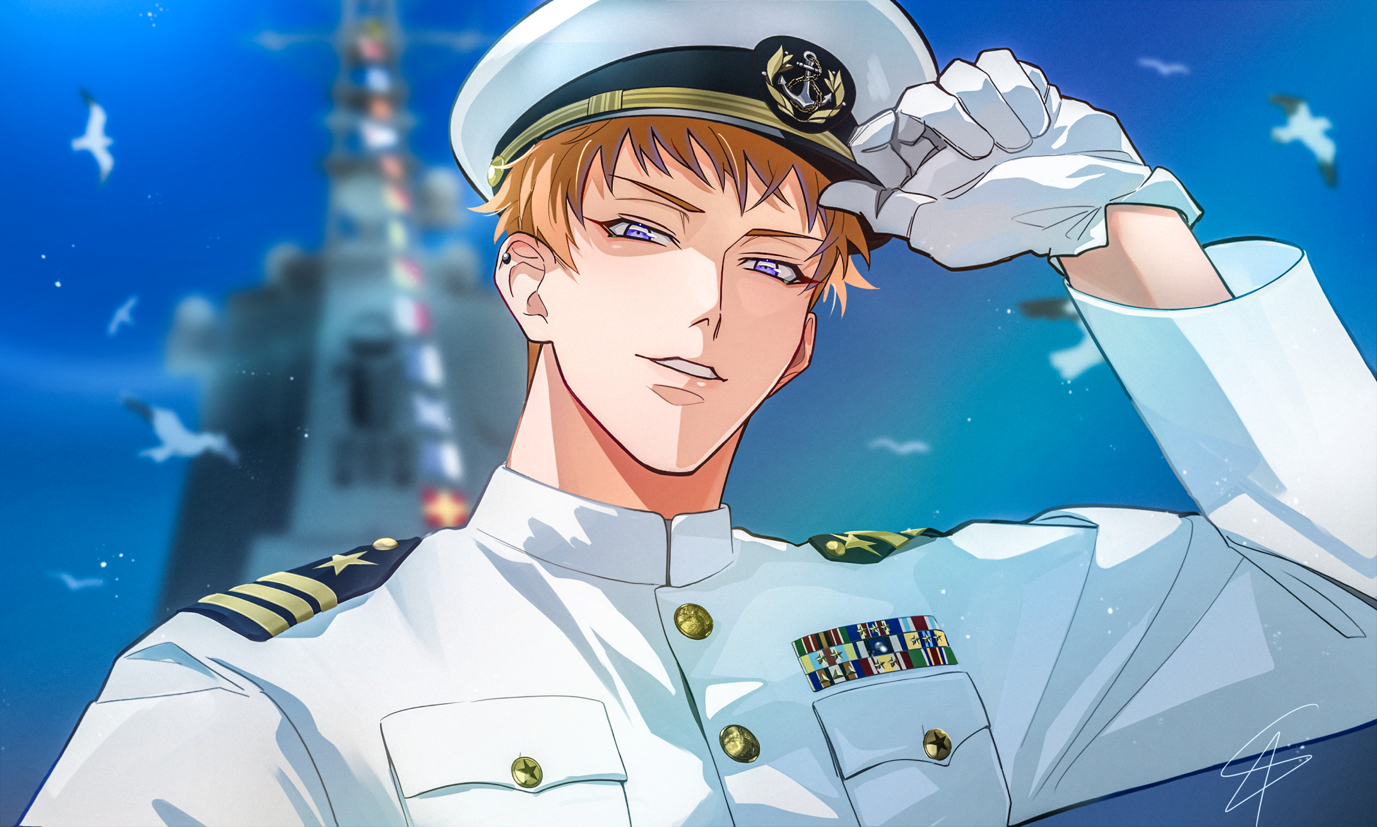 busujima rio mason, hypnosis mic, commentary, english commentary, highres, 1boy, adjusting clothes, adjusting headwear, alternate costume, auryn 5, bird, blue eyes, blue sky, blurry, blurry background, breast pocket, depth of field, ear piercing, earrings, film grain, gloves, hat, insignia, jacket, jewelry, lens flare, long sleeves, male focus, military uniform, naval dress uniform, naval uniform, orange hair, parted lips, peaked cap, piercing, pocket, portrait, ribbon bar, seagull, ship, short hair, sidelighting, signature, sky, solo, stud earrings, very short hair, watercraft, white gloves, white jacket