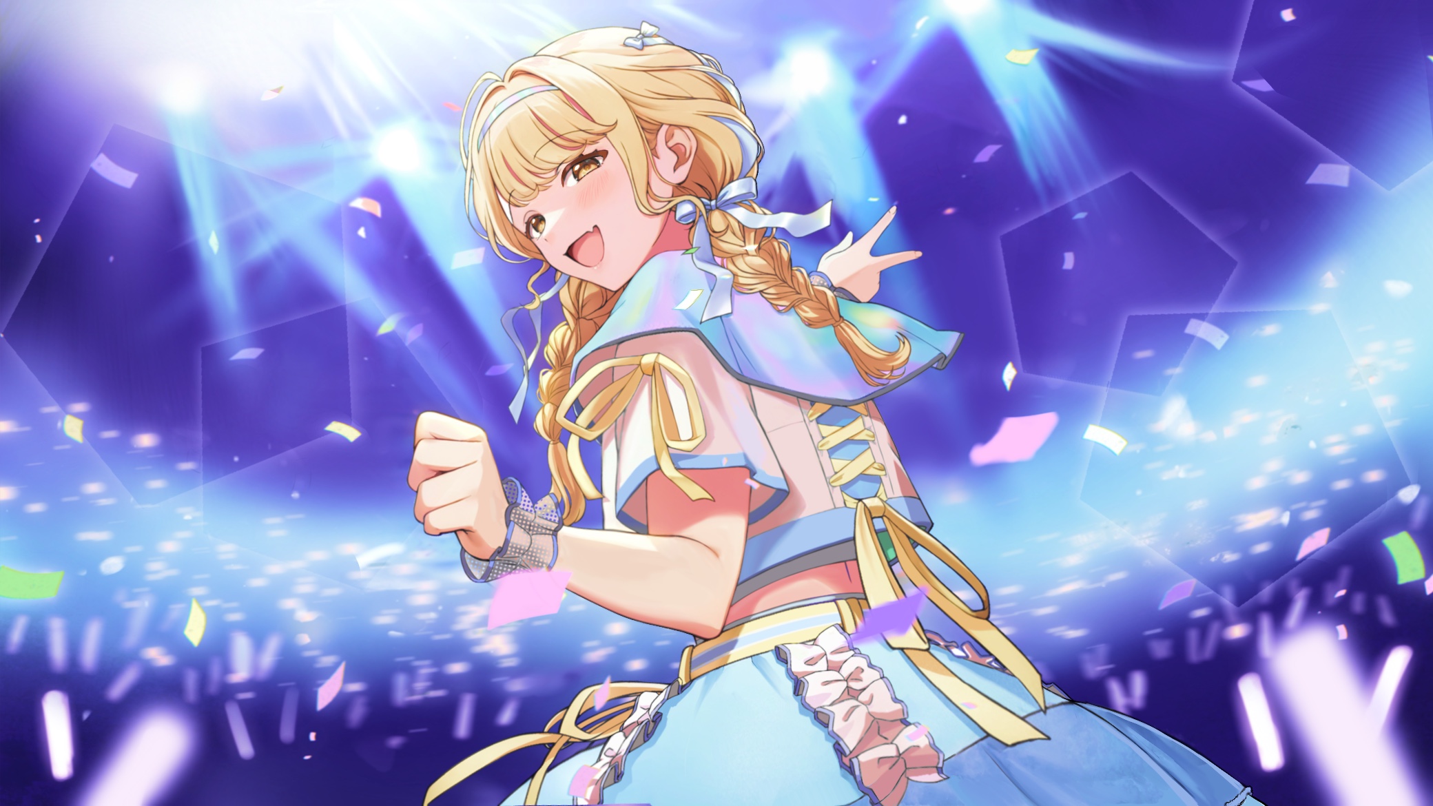 fujita kotone, gakuen idolmaster, idolmaster, highres, 1girl, blonde hair, blue skirt, blurry, blurry background, blush, braid, brown eyes, confetti, crop top, eyelashes, fang, hair ribbon, hairband, hakuya minei, lens flare, long hair, looking back, open mouth, ribbon, shirt, short sleeves, skin fang, skirt, smile, solo, twin braids, v, white hairband, white ribbon, white shirt, yellow ribbon