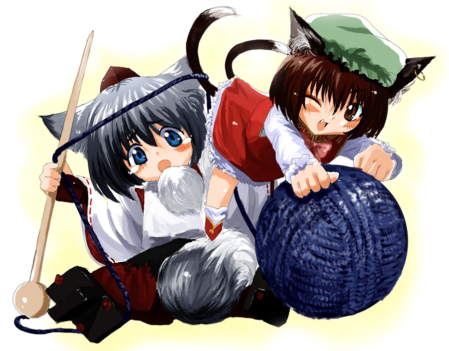 tsurui, chen, inubashiri momiji, touhou, 2girls, animal ears, blue eyes, brown eyes, brown hair, cat ears, cat girl, cat tail, child, earrings, fang, female focus, grey hair, hat, jewelry, multiple girls, multiple tails, short hair, tail, tokin hat, wolf ears, wolf tail, yarn, yarn ball