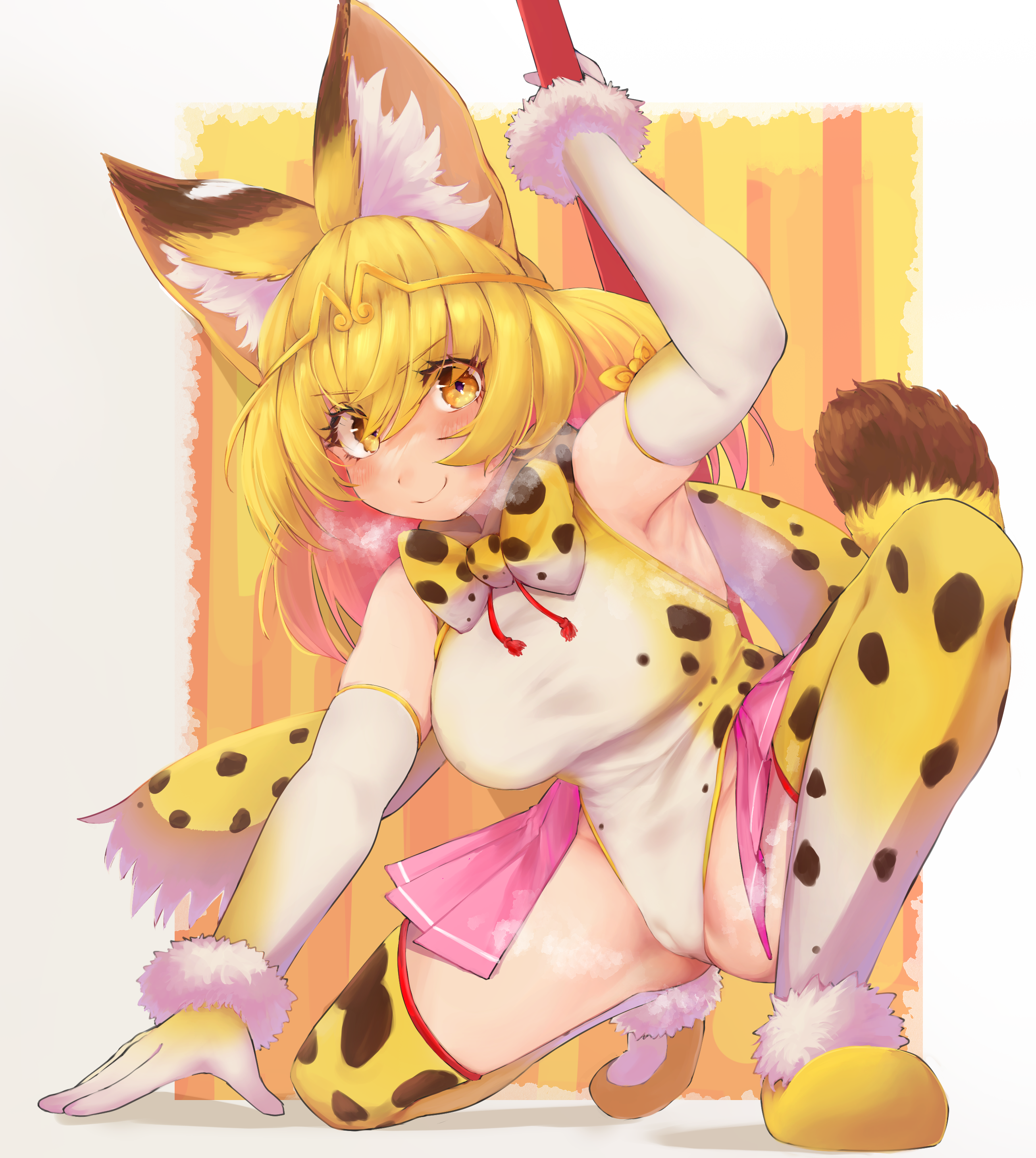 takara (takara0508), golden snub-nosed monkey (kemono friends), serval (kemono friends), kemono friends, kemono friends 3, absurdres, commentary request, highres, 1girl, alternate costume, animal ears, bare shoulders, blonde hair, blush, bow, bowtie, cameltoe, cat ears, cat girl, cat tail, circlet, cosplay, elbow gloves, flats, fur trim, gloves, golden snub-nosed monkey (kemono friends) (cosplay), hair between eyes, heavy breathing, leotard, pink skirt, pleated skirt, print bow, print bowtie, print leotard, print thighhighs, shoes, short hair, showgirl skirt, sidelocks, skirt, sleeveless, smile, solo, squatting, staff, tail, thighhighs, white fur, white gloves, white leotard, yellow eyes, yellow shoes, zettai ryouiki