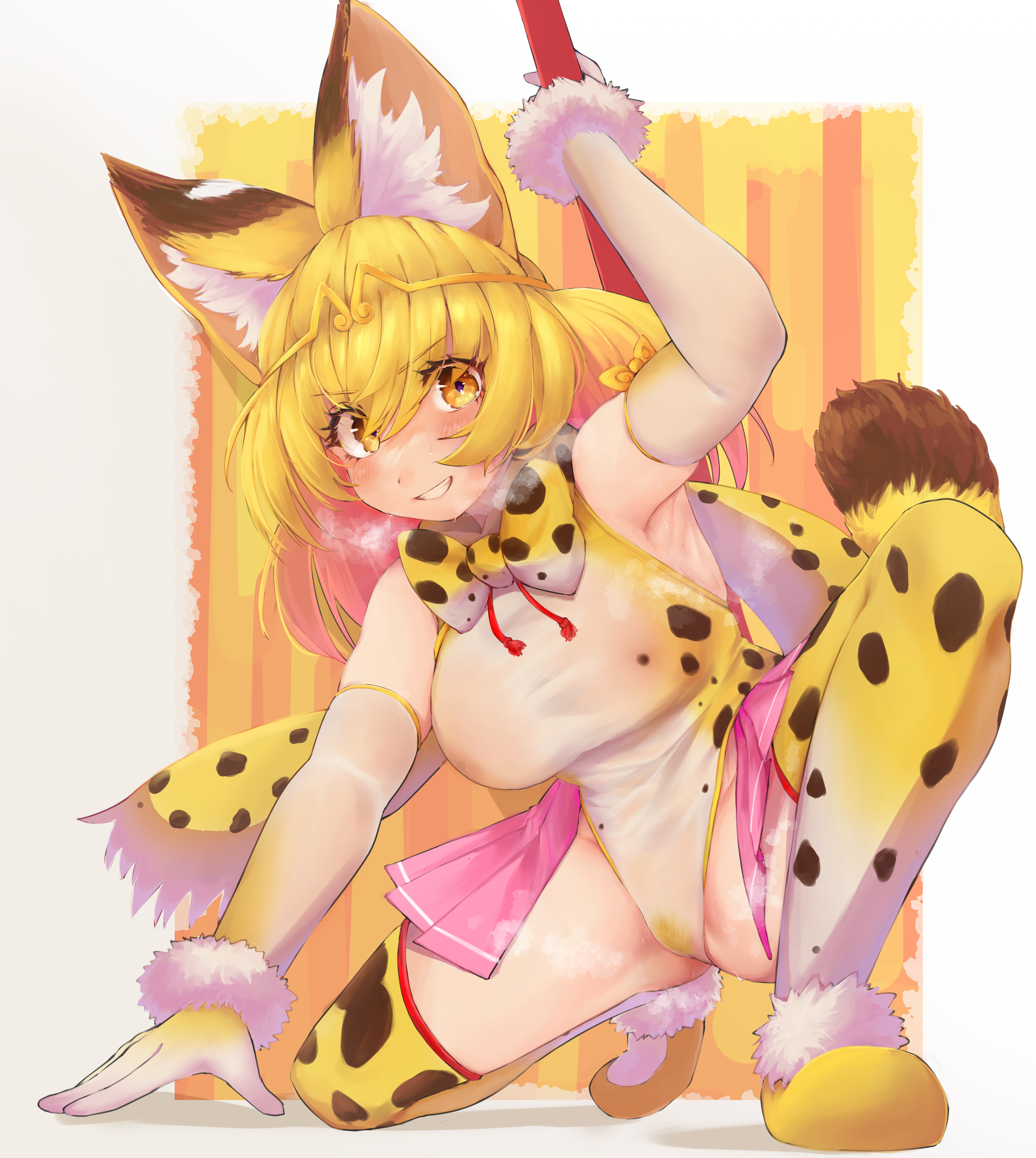 takara (takara0508), golden snub-nosed monkey (kemono friends), serval (kemono friends), kemono friends, kemono friends 3, absurdres, commentary request, highres, 1girl, alternate costume, animal ears, bare shoulders, blonde hair, blonde pubic hair, blush, bow, bowtie, cameltoe, cat ears, cat girl, cat tail, circlet, cosplay, covered erect nipples, elbow gloves, female pubic hair, flats, fur trim, gloves, golden snub-nosed monkey (kemono friends) (cosplay), grin, hair between eyes, heavy breathing, leotard, pink skirt, pleated skirt, print bow, print bowtie, print leotard, print thighhighs, pubic hair, shoes, short hair, showgirl skirt, sidelocks, skirt, sleeveless, smile, solo, squatting, staff, tail, thighhighs, transparent leotard, white fur, white gloves, yellow eyes, yellow shoes, zettai ryouiki