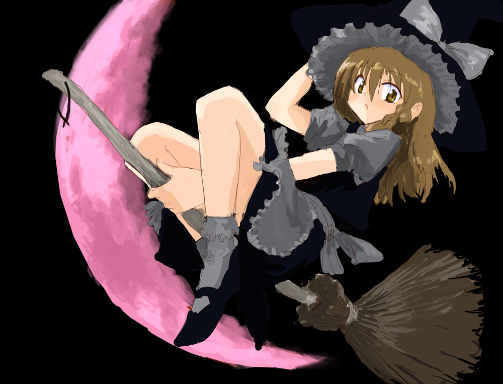 tsurui, kirisame marisa, touhou, 1girl, :o, apron, blonde hair, bobby socks, broom, broom riding, brown eyes, brown hair, female focus, hand on headwear, hat, mary janes, moon, red moon, shoes, sketch, socks, solo, waist apron, witch hat, yellow eyes