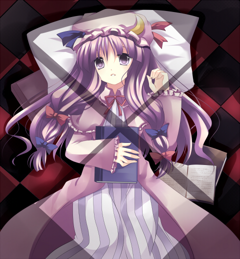 takase kanan, patchouli knowledge, touhou, 1girl, blue bow, book, bow, checkered floor, crescent, dress, female focus, hair bow, hat, long hair, lying, mob cap, multiple hair bows, on back, open book, parted lips, purple dress, purple eyes, purple hair, red bow, red ribbon, ribbon, solo, sunlight, text focus, very long hair