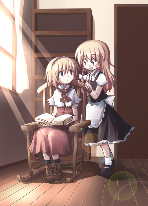 dorua (dollar), alice margatroid, kirisame marisa, touhou, 2girls, apron, black dress, blonde hair, blue eyes, book, bookshelf, brown eyes, chair, dress, female focus, frills, full body, hairband, multiple girls, on chair, open book, puffy short sleeves, puffy sleeves, red dress, short sleeves, sitting, standing, waist apron, window